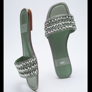 Zara Green Embellished Flat Slides Size EU 38 or US 7.5